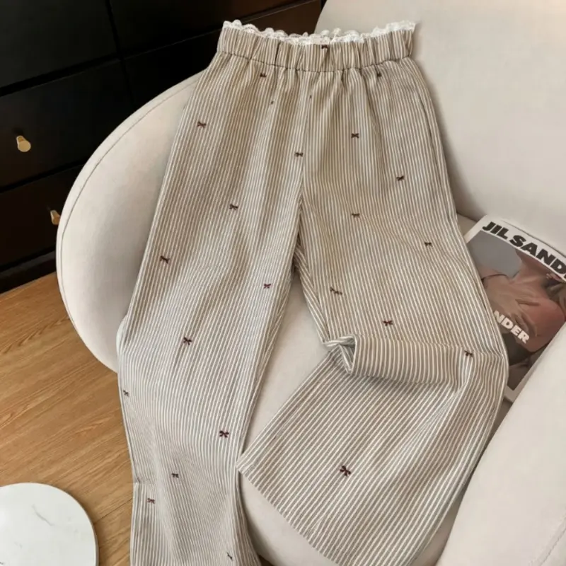 Women's Casual Lounge Pants, Striped Butterfly Embroidered Lace Waist Pants, Loose Fit Oversized Straight Leg Wide-Leg Bottoms, Chic Leisure Wear