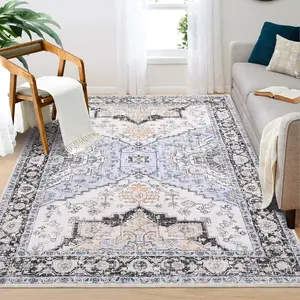 【GARVEE】9x12 Area Rugs for Living Room Washable Rug Large Vintage Farmhouse Rug Non-Slip Non-Shedding Medallion Distressed Carpet Boho Soft Bedroom Rugs for Playroom Nursery Home Office Dorm Blue