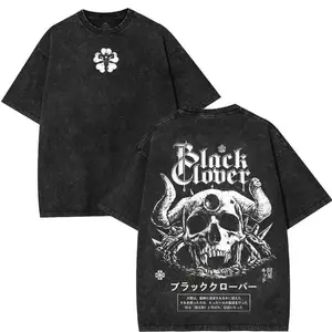 Unisex Vintage Washed Graphic Tee - Edgy Black Clover Skull Print & Embroidered Flower Decor T-Shirt, Y2K Grunge Streetwear Couple's Top