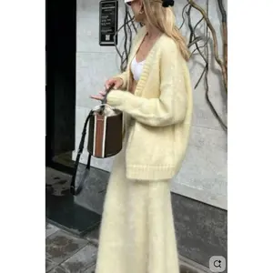 A Stylish Women'S Set Featuring a Long-Sleeve Cardigan And a Long Skirt, Perfect for Casual Elegance in Autumn And Winter, in Light Yellow,