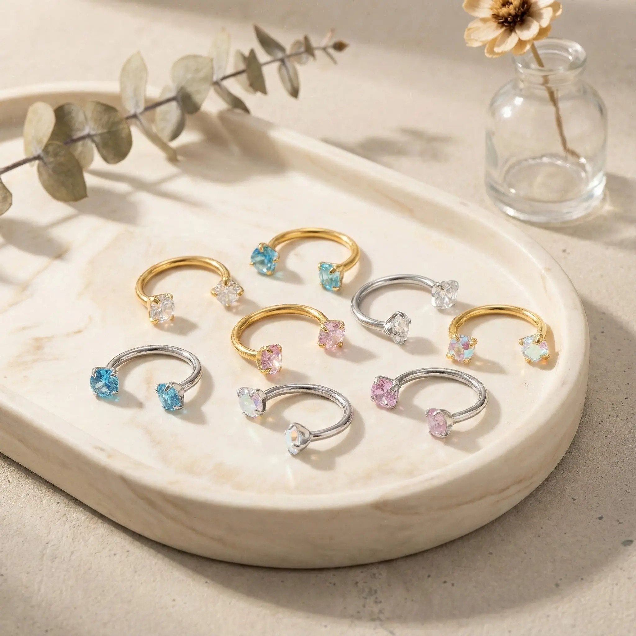 18G 8mm Stainless Steel Horseshoe Nose Ring Hoop, Internally Threaded Base with 3mm Cubic Zircon Sparkle, Unisex Faux Body Jewelry, Secure Fit, Free Auxiliary Tool Ball Holder Makes Swaps Simple, Nose Ring Hoops