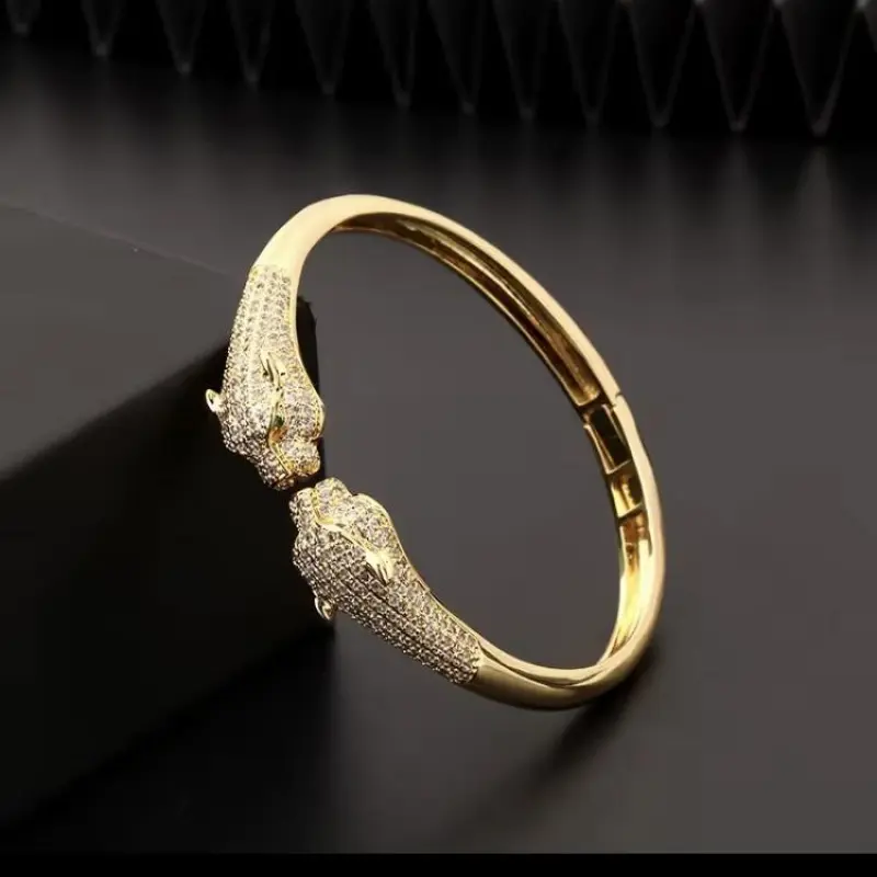 Fierce Elegance Panther Head Gold Bracelet – Statement Jewelry for Bold Women |                     Cubic Zirconia Crystal Bangle |                     Luxury Animal Jewelry Gift