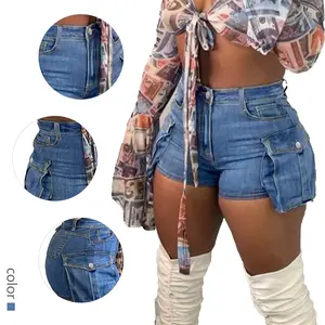 Trendy High - Waisted Light Blue Denim Shorts for Women - Cargo Pockets