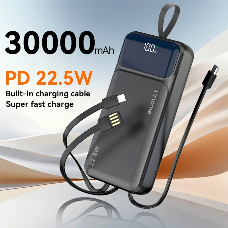 Portable charger 10000/20000/30000mAh large capacity power bank - portable battery with 3 built-in cables, PD 22.5W fast charging battery pack, LED digital power display, compatible with various mobile phones and tablets