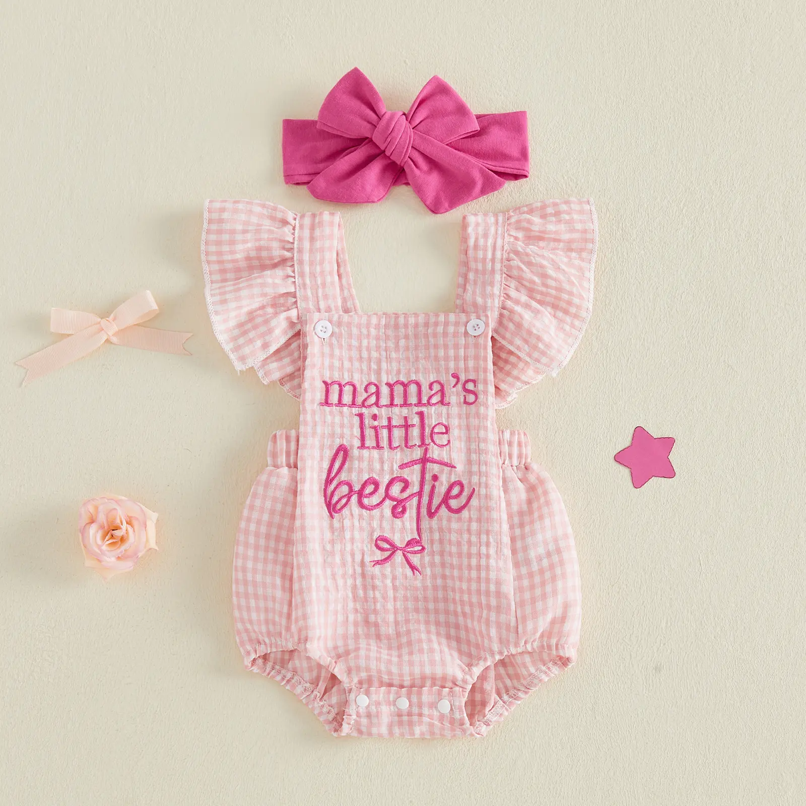 Imcute Infant Baby Girl 2Pcs Summer Outfits Set Ruffle Sleeveless Bow Mama's Little Bestie Embroidery RomperHeadband Set Newborn Clothes