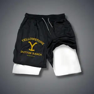 Yellowstone 80s 90s Double-Layer Sports Shorts Graphic Shorts Black Camo Streetwear Shorts Men Outfits Men Vacation Outfits Shorts