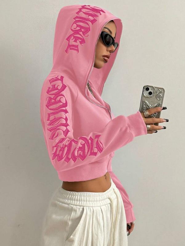 Gothic Streetwear Zip Up Hoodie for Women . Red Cropped Hoodie with Bold Letter Embroidery . Trendy Urban Style .Y2K Aesthetic Hooded Jacket . Baddie Fashion Statement Outfit