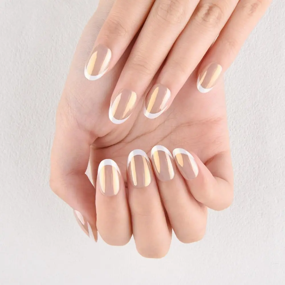 24Pcs Chrome French Tip Press On Fake Nails Short Ovale, Wihte Tip