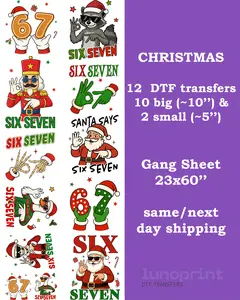 Six Seven Christmas DTF Transfers Gang Sheet 12 Designs 23x60" for Cotton Polyester & Blends Ready To Press Same/Next Day Shipping