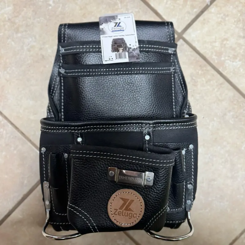 ZELUGA 20-526 10-pocket rigger heavy-duty leather tool bag featuring a textured black finish
