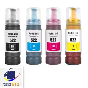 PRINTERWORLD Epson 522 Ink Combo Pack for Ecotank Printers - 4PK Refill Ink Compatible with ET-4800 ET-2720 ET-4700 2400 2800 2803 Black Cyan Magenta Yellow New Sealed