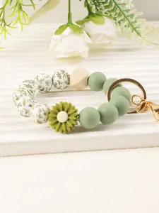 Boho Daisy Charm Keychain Bracelet, Beautiful Sunflower Wooden Bead Bracelet, Cute Flower Car Key Ring for Women, Summer Beach Accessory, Bag Charm Keychain