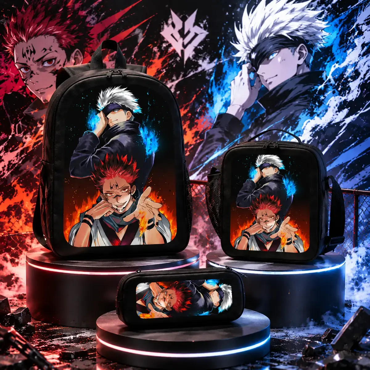 Jujutsu Kaisen Gojo Satoru Anime Themed 3-Piece Backpack Set High School Backpacks for Teen Fans with Cute Character Print, Lunch Bag & Pencil Case
