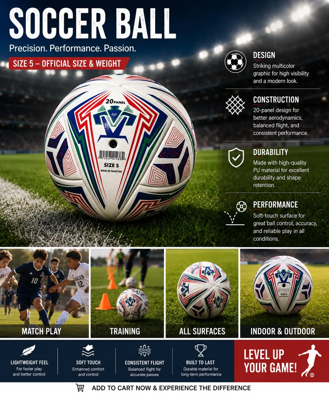 Premium Soccer Ball - Official Size 5 Football, Professional Training & Match Ball, Soft Touch, Indoor & Outdoor, Youth & Adult