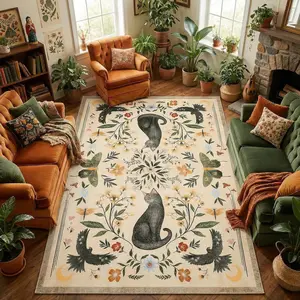 Cat Rug Mushroom Insect Beige Washable Front Door Rug Indoor Entrance Floral Carpet Non-Slip Low Pile Throw Rugs for Kitchen Floor, Powder Room, Entry, Bathroom, Kids Room