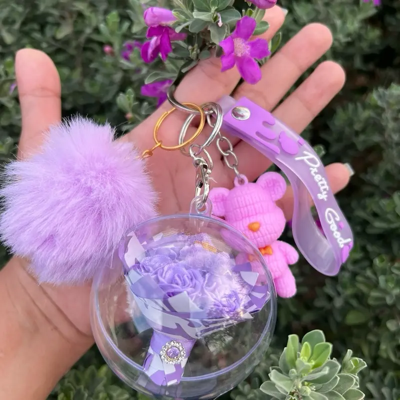 Purple mini rose bouquet keychain set