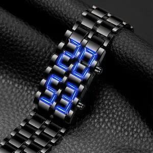 Relógio de pulso digital Lava masculino, metal completo preto, display LED azul, relógios masculinos, presentes para homem,
