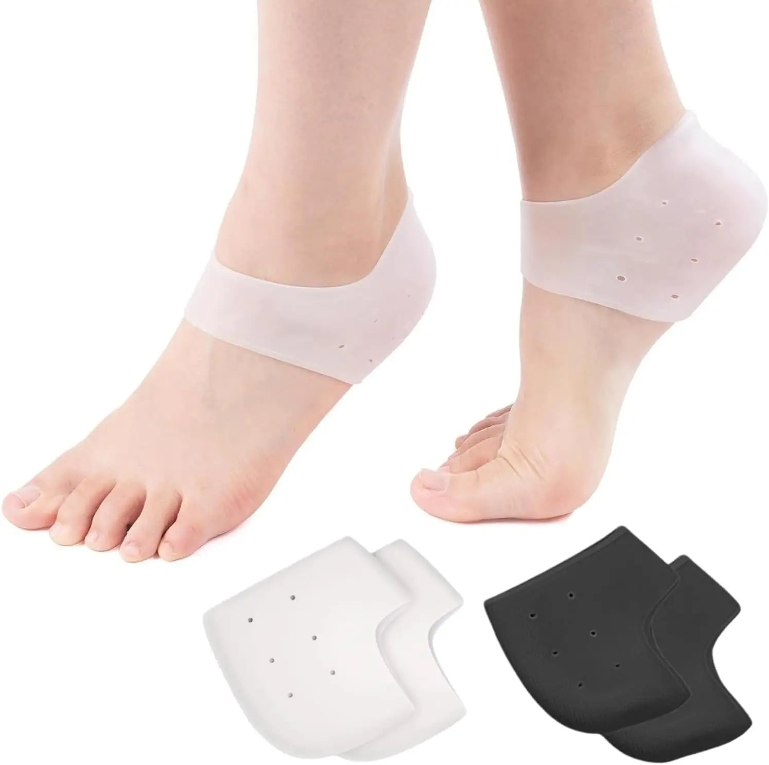 2 Pairs Silicone Heel Protectors for Shoes – Slim Gel Heel Sleeves for Blister Prevention, Cracked Heels & Daily Comfort, Men & Women (White+Black)