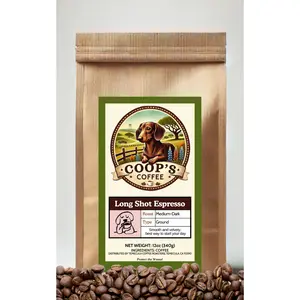 Coop's Coffee Long Shot Espresso - Exotic Blend Medium Dark Roast 12oz Ground Coffee Beans for True Aficionados