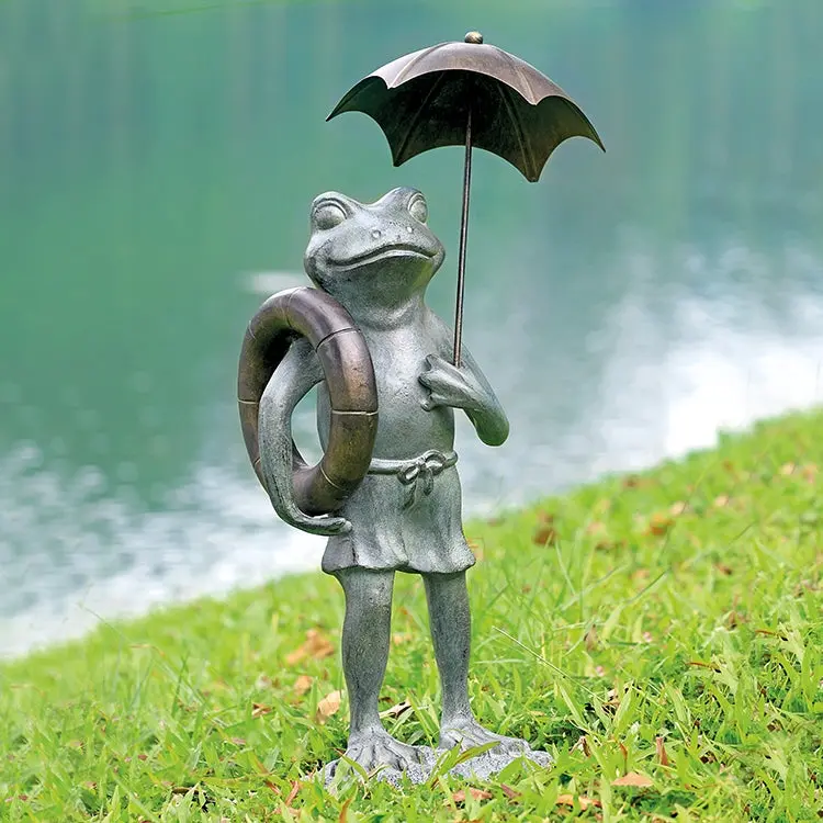 SPI Home Pool Partner Frog Garden Sculpture – 24.5" Tall Whimsical Metal Outdoor Décor, Playful Bronze Frog with Floatie