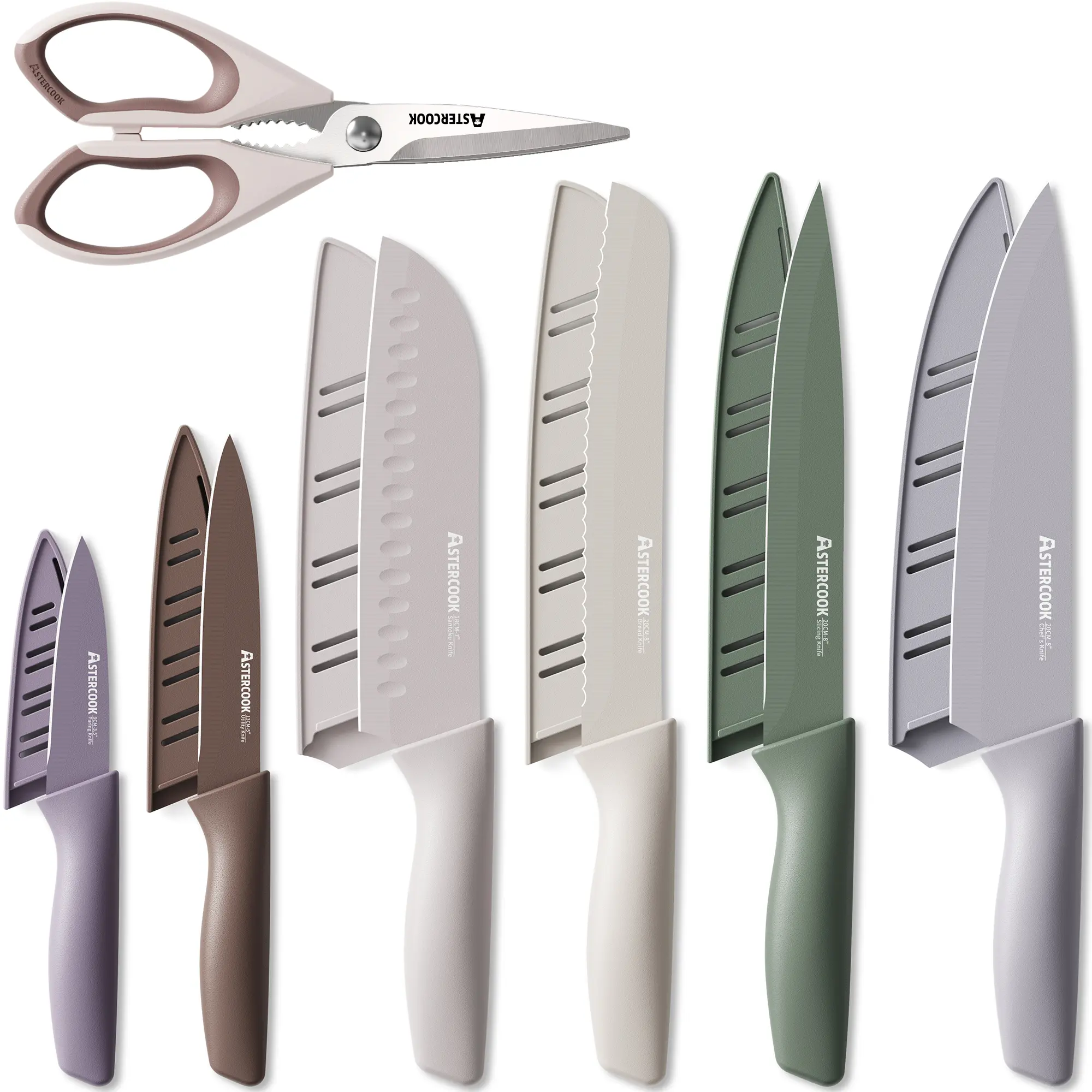 Astercook 7-Piece Stainless Steel Knife Set with Colorful High Block - Ergonomic, Rustproof, Durable Kitchen Knives for Modern Home Cooking Utensils