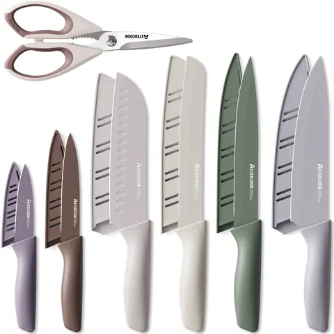 Astercook 7-Pcs Kitchen Knife Set with Colorful Plastic Rectangular Block - Ergonomic Handles, Rustproof Coating, Durable Stainless Steel Blades, Safe Guards for Modern Home Cooking Prep (kitchenknifesets, knives)