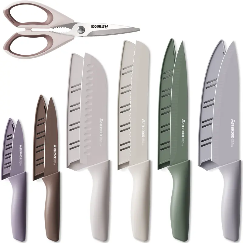 Astercook 7-Pcs Kitchen Knife Set with Colorful Plastic Rectangular Block - Ergonomic Handles, Rustproof Coating, Durable Stainless Steel Blades, Safe Guards for Modern Home Cooking Prep (kitchenknifesets, knives)