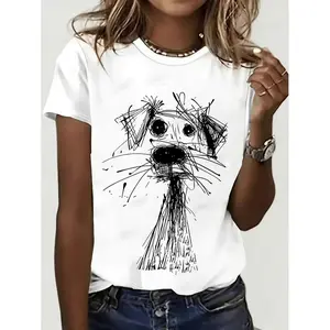"Women's Casual Short Sleeve T Shirt Featuring Hand Drawn Dog Illustration and Geometric Print in White with Black Ink Art Made from Soft Breathable Fabric Perfect for Versatile Casual Wear and Celebratory Occasions "