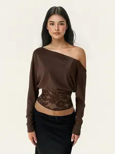 Women's Lace Patchwork Asymmetrical Shoulder Long Sleeve T-Shirt, Casual Vintage Street Style, Spring & Fall Fashion, Daily Wear, Casual Classy Top