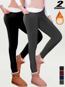 Women's Plus Size High-Waisted Fleece Lined Leggings, Warm Winter Pants, Stretchy Elastic Bottoms, Casual Plain Design