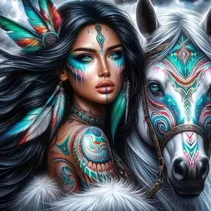 Native American woman with painted horse wall art  ，Multiple sizes available including square and round diamonds. This 5D DIY diamond painting set diamond art embroidery kit handmade furniture decor holiday birthday art personalized gift.