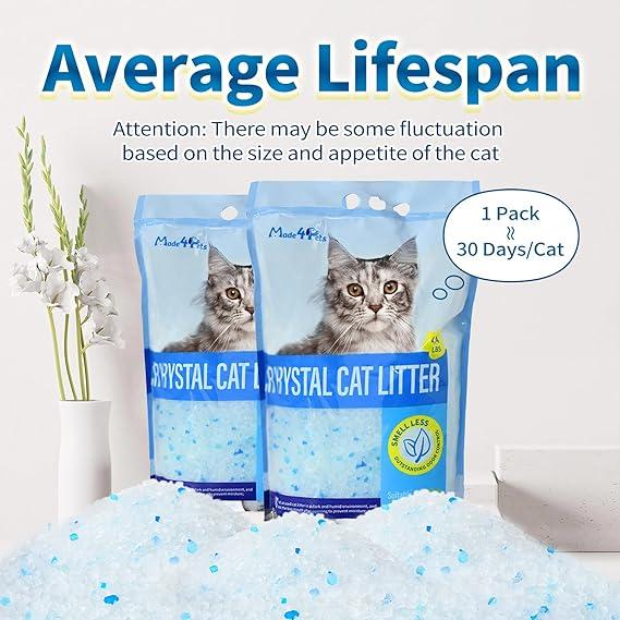 Made4Pets Cat Litter Crystals, Non Clumping Cat Litter Odor Control Kitty Litter Non Clumping No scooping Low Dust, Low Tracking, Lightweight, Dehydrates Waste,– 8.6 lbs (2 x 4.3 lb Packs)