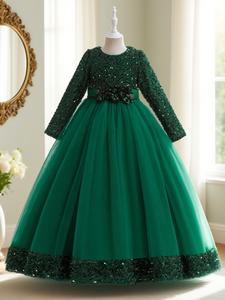 girl's appliques contrast sequin bow back fit flare dress fashion elegant formal long sleeve round neck dress for party wedding guest kids clothes for all seasons