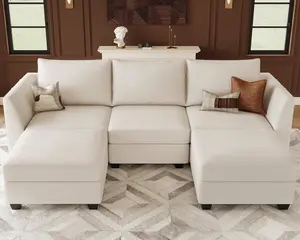 Modular Sectional Sofa with Double Chaise Velvet U Shaped Sofa Reversible Sectional Couch with Storage Beige