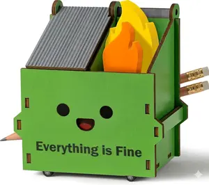 Cute Desk Dumpster Fire Pencil Holder + 100 Flame Note Cards, Back to School Gifts for Kids Teacher, Funny 2 Compartments for Office Coworkers Supplies Accessories Decor - White Elephant Gift