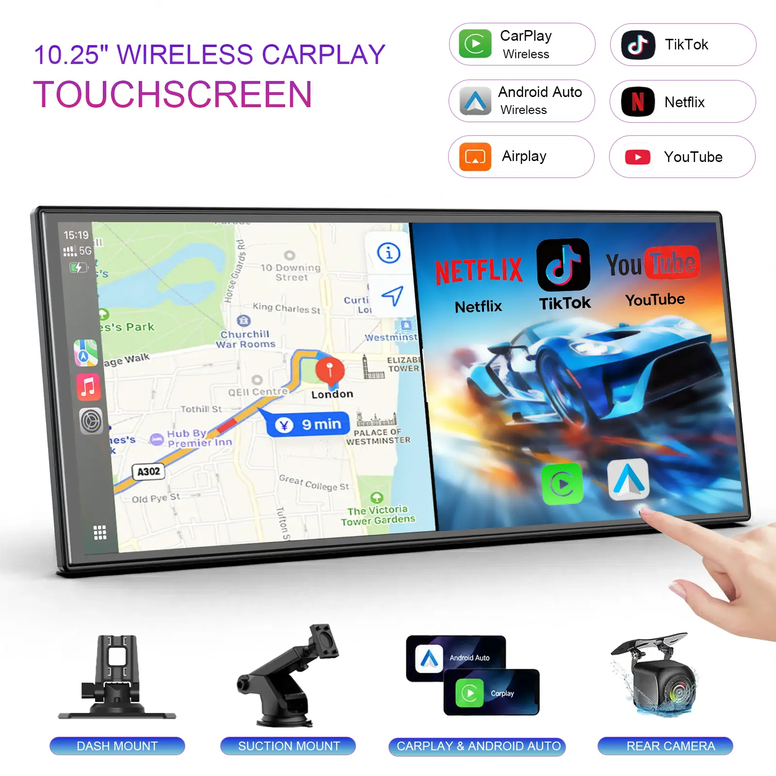 2026  Upgraded 10.25-inch IPS Touchscreen -Wirelesss CarPlay Screen Supports Youtube/Netflix/TikTok Apps,Watch Movies/Videos/TV shows in your Car,rearview camera/navigation functionality/and a voice assistant/user tutorial