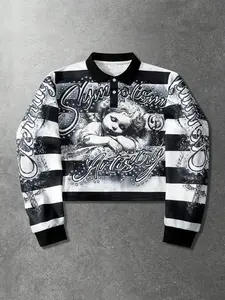 Aesthetic Cyber-Y2K Striped Polo Collar Graphic Sweatshirts - Trendy Airbrush Cherub & Cross Print Long Sleeve Shirt - Loose Fit Casual Grunge Streetwear Essential Tops for Autumn/Winter Wardrobe Casual Street Style