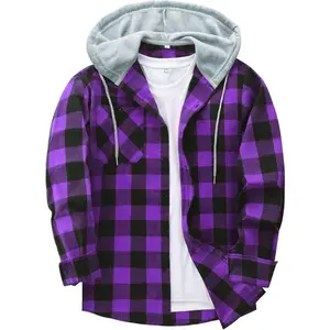 Men’s flannel hoodie shirts, casual button-down plaid shirts, jackets for men, long sleeves, stylish hooded design with pockets