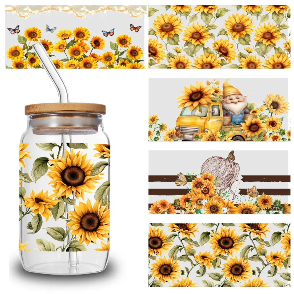 5 Sheets Sunflower Pattern UV  Stickers  Sticker Decal Decorative Art Decoration Waterproof Decals Designs Flowers film   dtf heat Transfer transfer sticker Bear Iron-On Wrap Cup