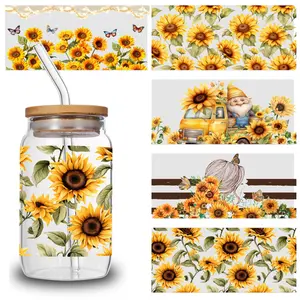 5 Sheets Sunflower Pattern UV  Stickers  Sticker Decal Decorative Art Decoration Waterproof Decals Designs Flowers film   dtf heat Transfer transfer sticker Bear Iron-On Wrap Cup