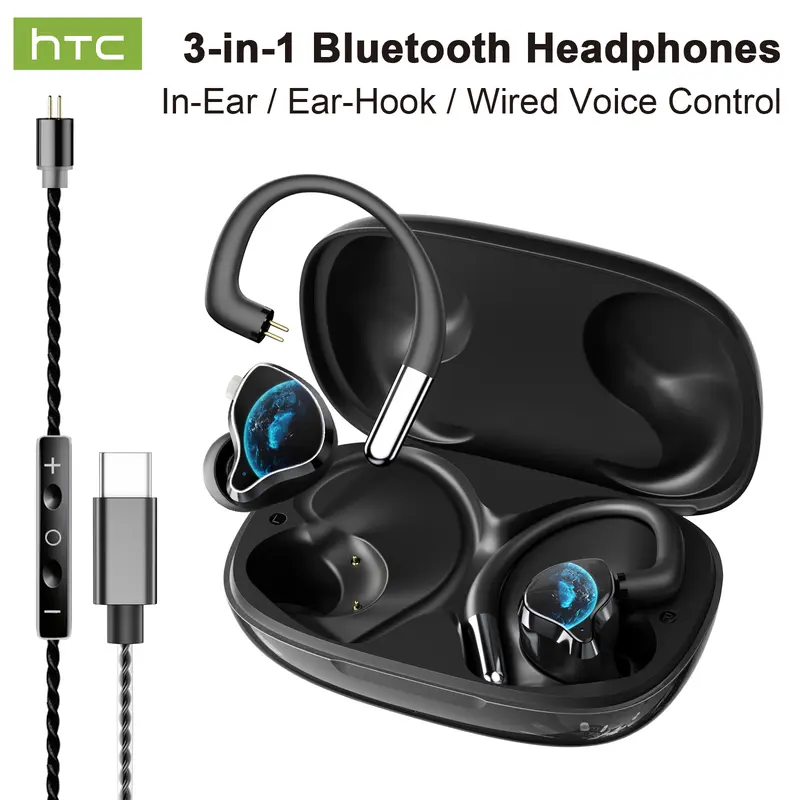 HTC NE81 3-in-1 Electronic In-Ear Wireless Headphones - Bluetooth Earbuds with Ear-Hook, Wired Voice Control, Voice Changer, Hi-Fi Sound Upgrade, Lightweight, Camera Compatibility, High Quality Audio for Mobile/PC Singing & Streaming