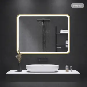S’bagno 32"x24" Gold Framed LED Bathroom Mirror, Front & Backlit, Anti-Fog, Dimmable 3000K/4000K/6500K, Vertical/Horizontal