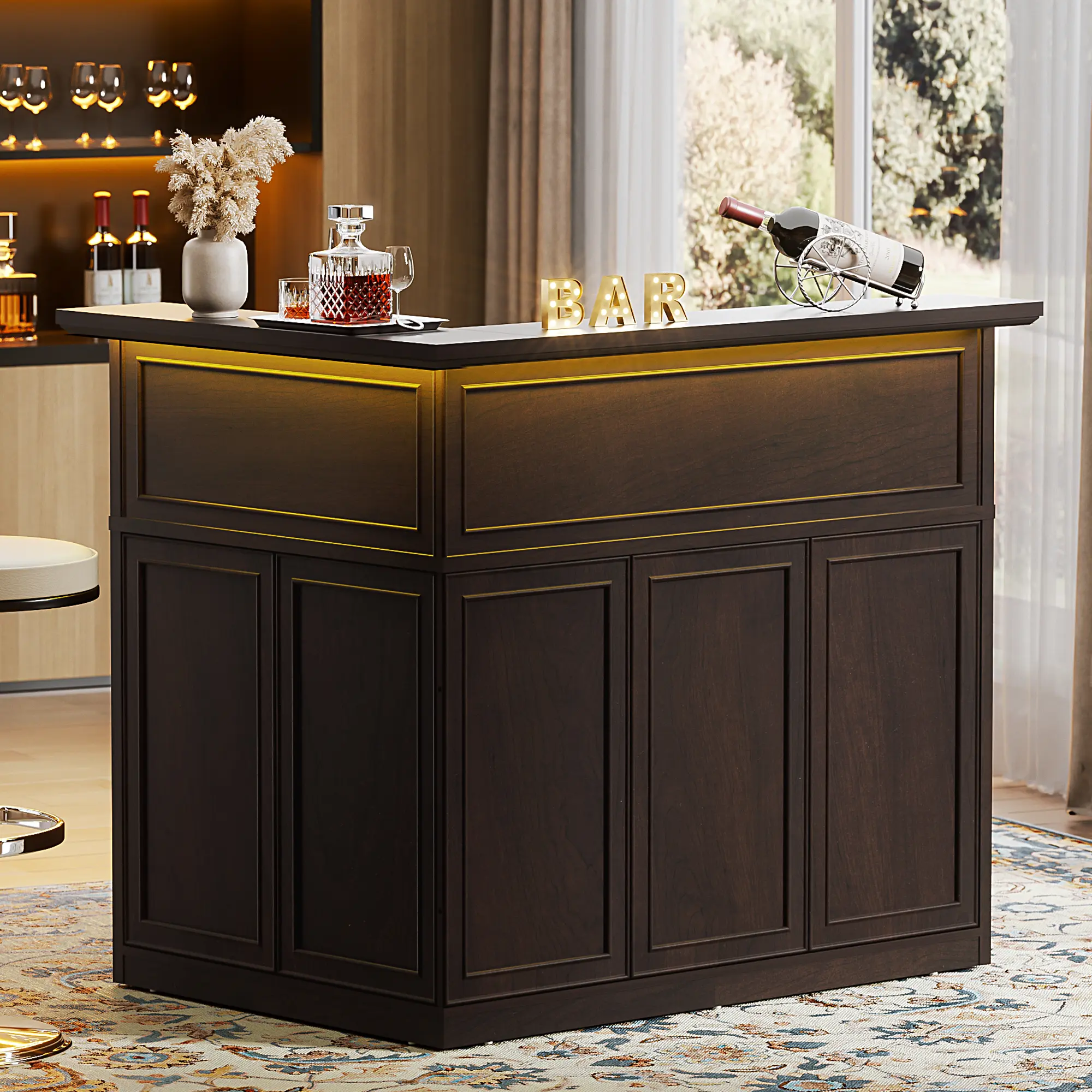 Spurgehom L-Shaped Corner Bar Cabinet - 4-Tier Easy, Compact, Freestanding, Furniture-Style Bar Cabinet with Large Storage, Home Liquor & Wine Unit, Reception Desk for Home Pub & Living Room, Easy Bar Cabinets, Compact Bar Cabinets homeessentials