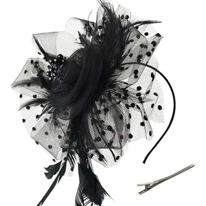 Women --Party-Pillbox-Hat  Mesh Feathers Fascinator Hat Kentucky-Derby-Headwear with Headband and Clip