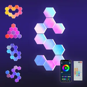 Hexagonal RGB Wall Light with AI Voice Control, Compatible with Surplife App, Bluetooth Smart LED Mood Light, USB & Type-C Powered, DIY Modular Design for Gaming Room, Bedroom, Indoor Decor