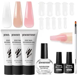 JEWHITENY Poly Extension Gel Nail Set Clear Pink Poly Nail Gel With Slip Solution Base Coat Top Coat French Manicure Need U V Lamp Curing for Finger Art and Home DIY