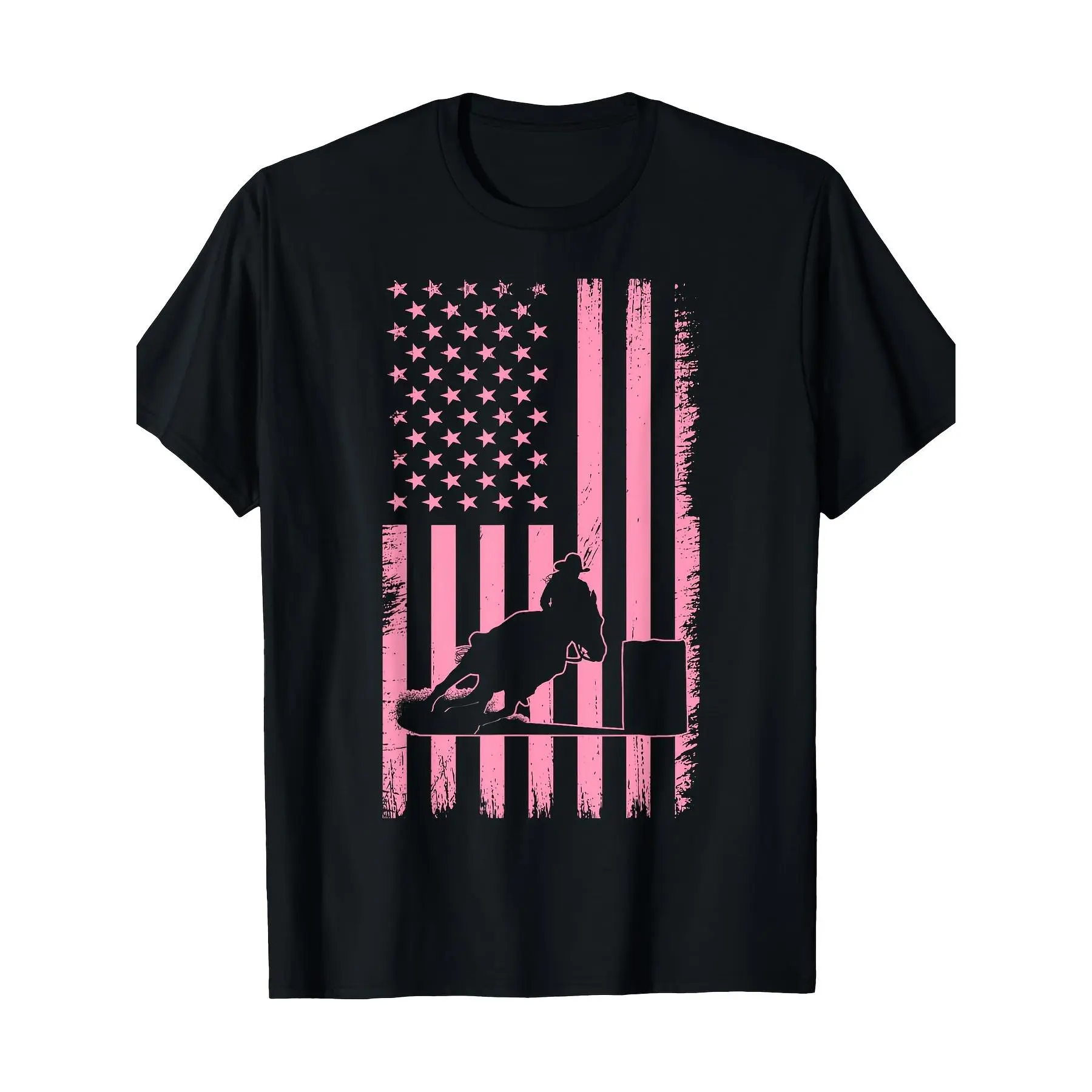 Men's 100% Cotton Short-Sleeve Round Neck Crewneck T-Shirt - US Flag Pink Cowgirl Rodeo Western Horse Barrel Racing Motif Western Theme Black Top, Shortsleeve, Tops