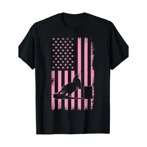 US Flag Pink Cowgirl Rodeo Western Horse Barrel Racing 100% CottonT-shirt Campaign Tee Black Crewneck