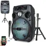 DAZONE 8" Wireless Rechargeable LED Light Bluetooth Speaker - Portable PA Karaoke System with Stand, Microphone, FM Radio, 3.5mm Jack, 2 Hours Playtime, Speakers Audio Kit for Music Setup