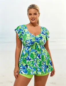 Plus Size Swimwear, Plus Size Tankini Swimsuits for Women, 2 Piece Floral Print Flounce Sleeve Tummy Control Bathing Suit with Boyshorts